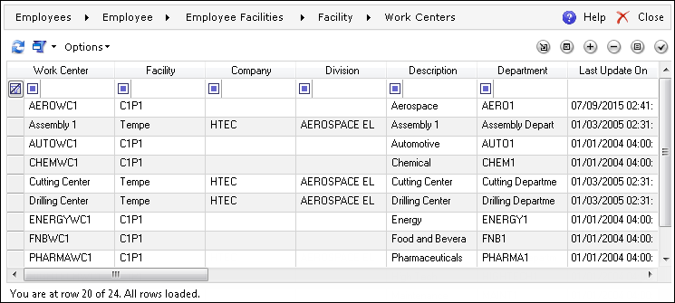 Work Center assignment screen