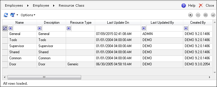 Resource Class assignment screen